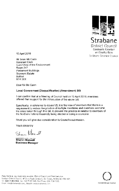 Strabane District Council Submission to Local Government Disqualification Bill