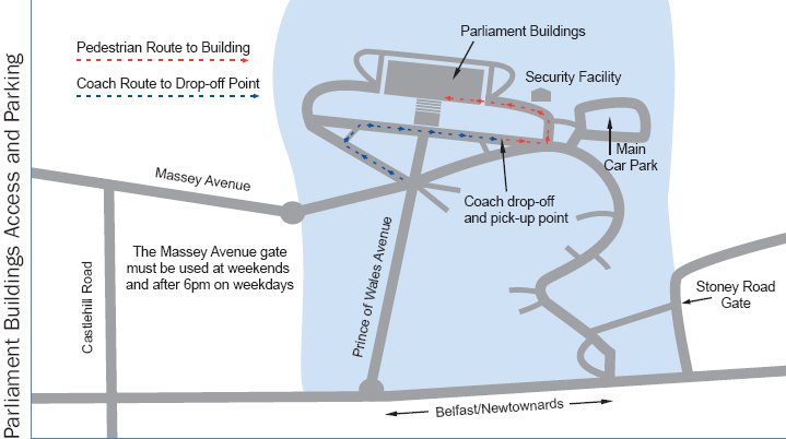 image showing where the coach drop off and pick up point is in relation to Parliament Buildings