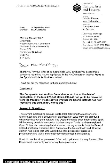 Correspondence of 30 September 2009 from Mr Paul Sweeney