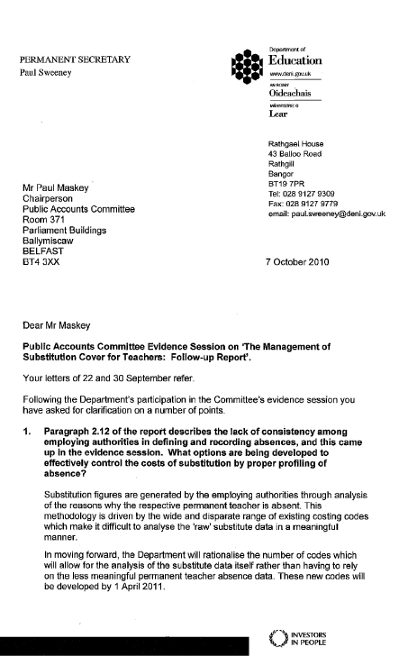 Correspondence of 7 October 2010 from Mr Paul Sweeney