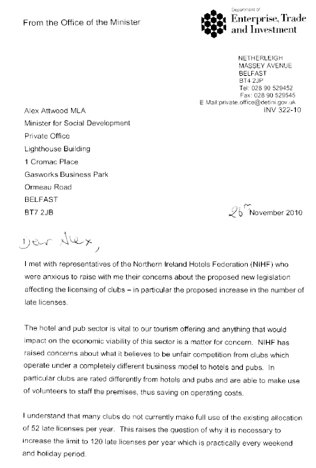 Letter to Alex Attwood MLA