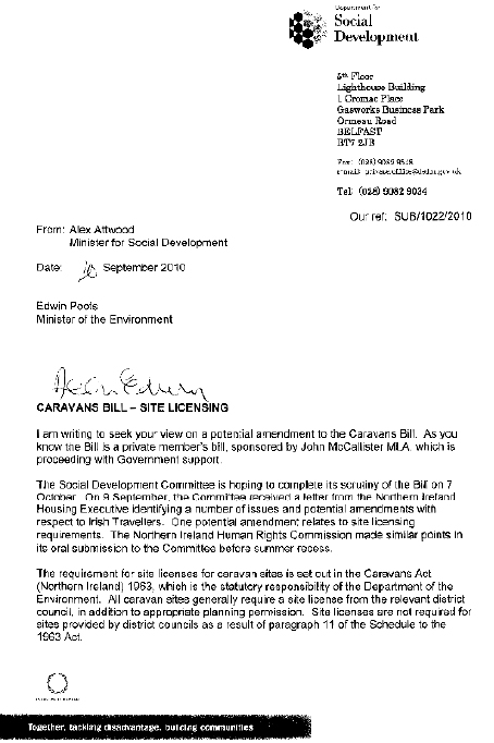 DSD Minister's letter 20 September 2010