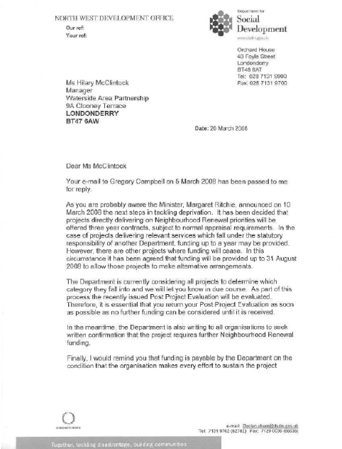 Letter from DSD to Ms Hilary McClintock