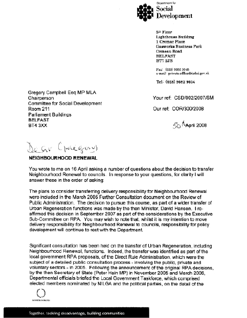 Letter from Minister re transfer of NR to councils