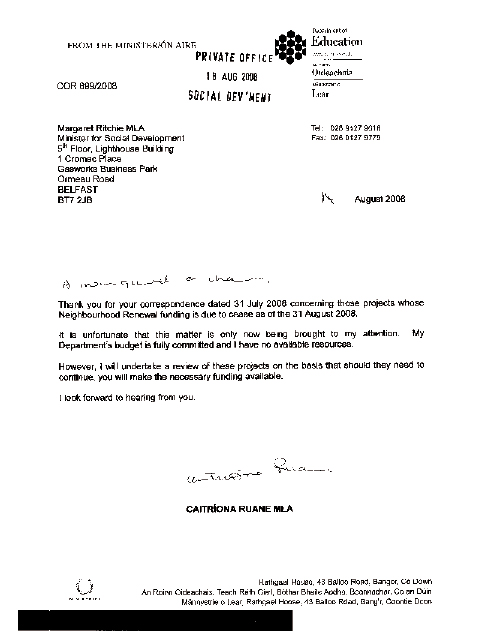 Letter from C Ruane to M Ritchie 14.8.08
